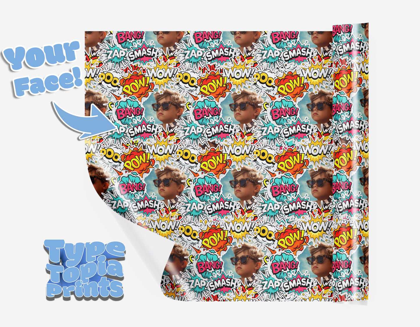 Personalised Superhero Wrapping Paper | Comic Book | Any Face All Over Print | Birthday | Christmas