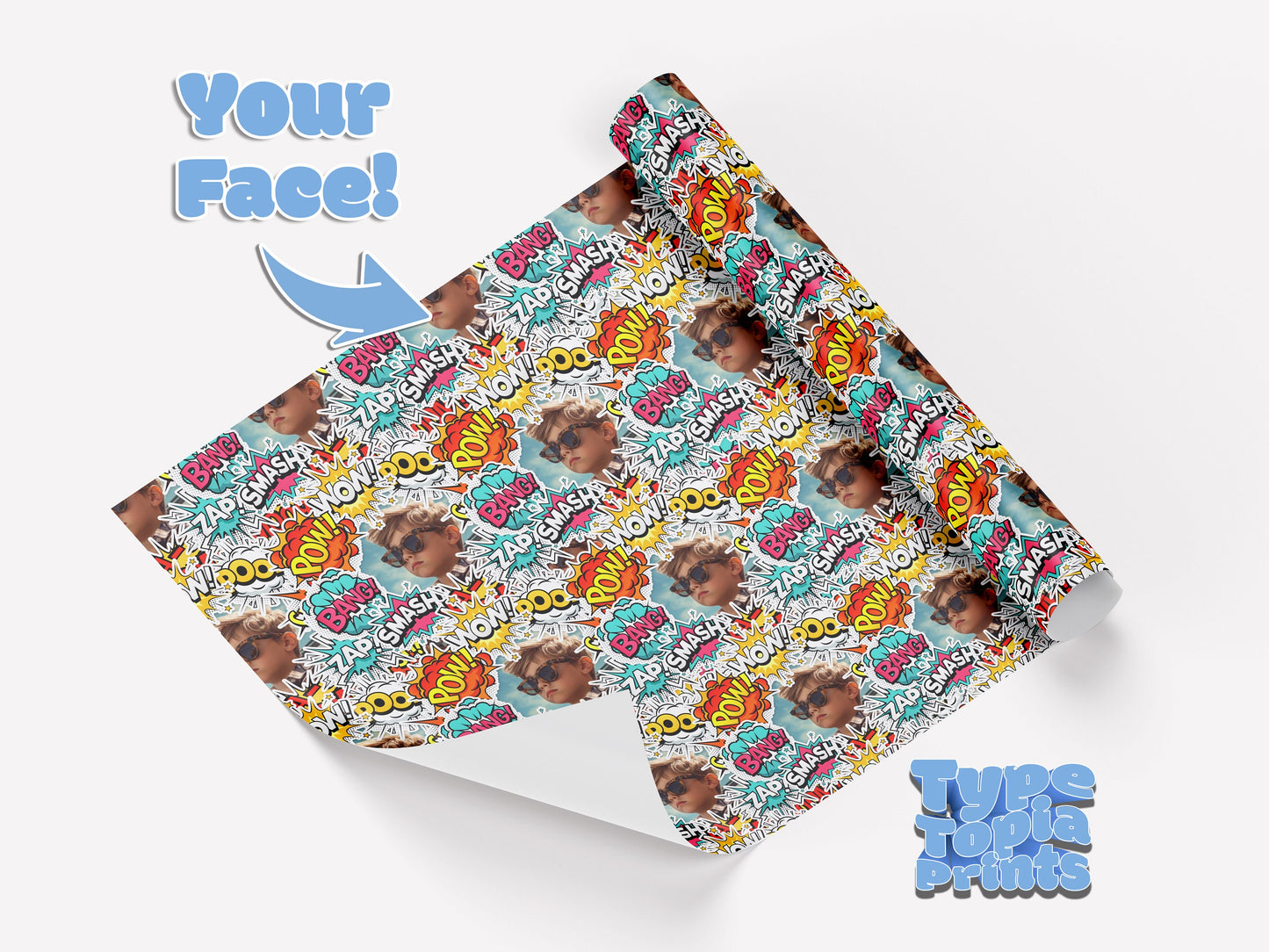 Personalised Superhero Wrapping Paper | Comic Book | Any Face All Over Print | Birthday | Christmas