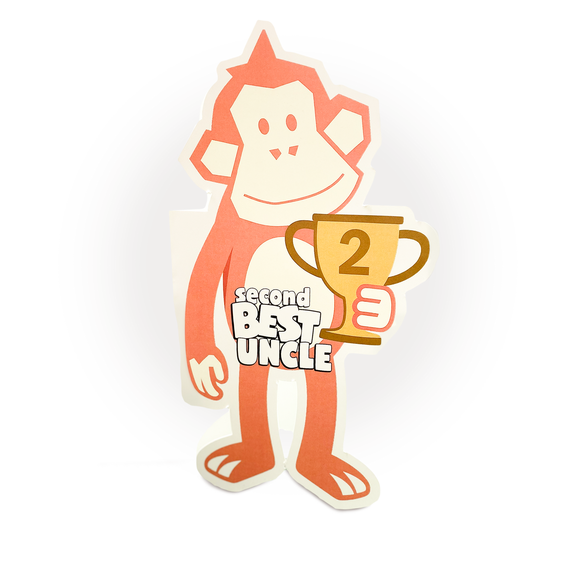 Custom cut photo card of red ape holding a trophy - personalised caption