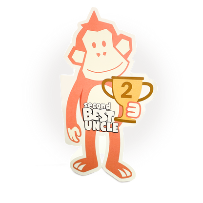Custom cut photo card of red ape holding a trophy - personalised caption